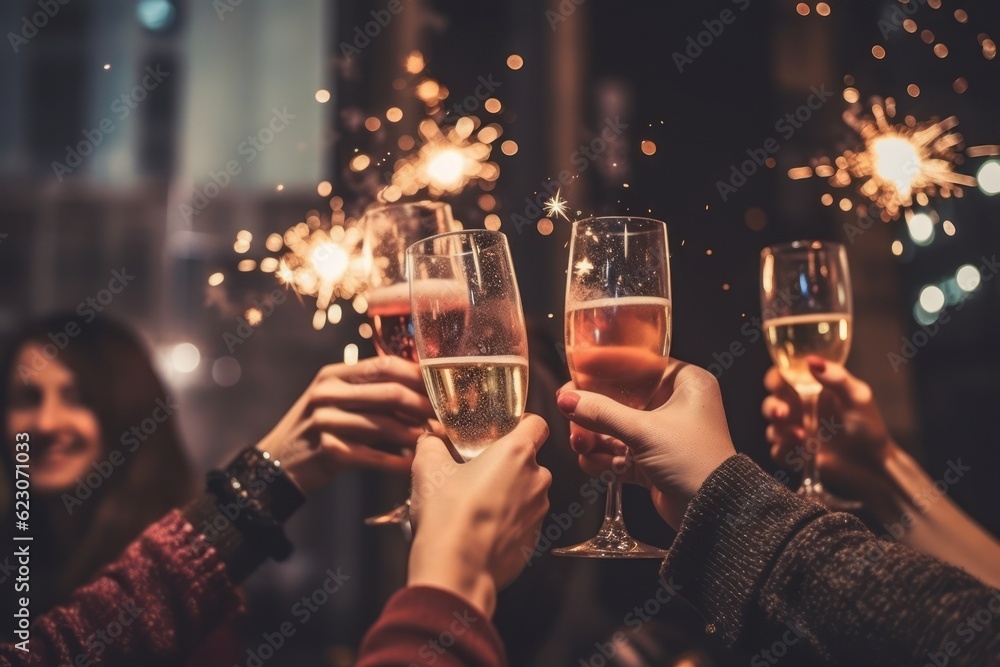 A group of young friends toasting with champagne flutes, surrounded by sparkling fireworks, capturing the excitement and celebration of the New Year. Generative Ai