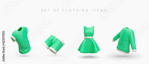3D images of green clothes. Isolated icons T shirt, shorts, dress, sweatshirt. Everyday wardrobe items set. Illustrations for web design, advertising, mobile applications