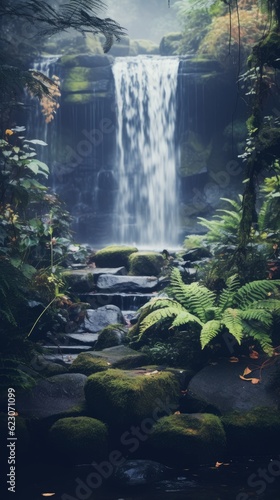 A quiet garden with a beautiful waterfall. Lush greenery and blooming flowers. Generative AI