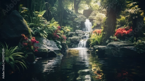 A quiet garden with a beautiful waterfall. Lush greenery and blooming flowers. Generative AI