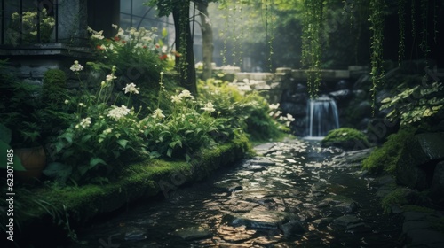 A quiet garden with a beautiful waterfall. Lush greenery and blooming flowers. Generative AI