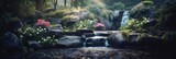 A quiet garden with a beautiful waterfall. Lush greenery and blooming flowers. Generative AI