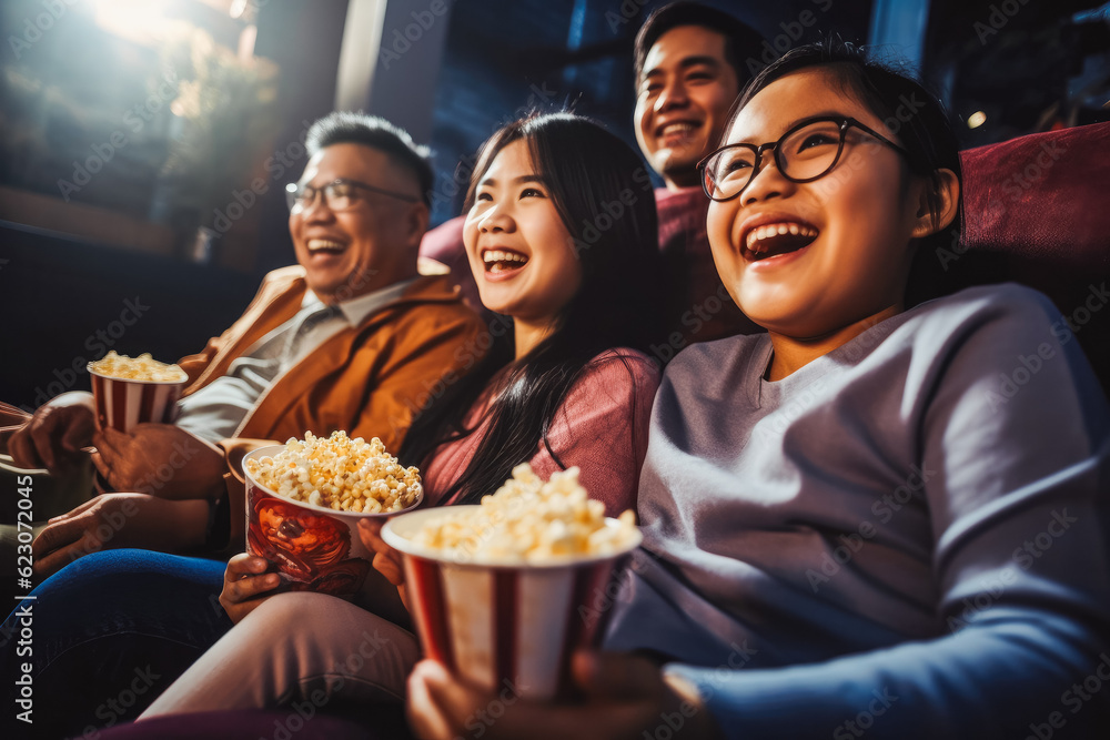 Diverse family having fun together in living room. Watching TV together on couch. Generative AI Diverse family having fun together in living room. Watching TV together on couch. Generative AI