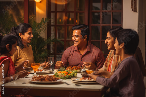 Indian family eating dinner together. Cheerful family spending time together eating dinner. Generative AI