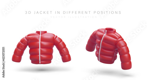 Realistic 3d jacket in different positions. Poster with place for text for clothing store. Vector design with background in red and white colors in cartoon style