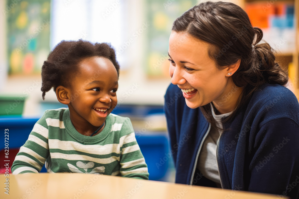 Child speaking with teacher. Learning and school concept. Generative AI Child speaking with teacher. Learning and school concept. Generative AI