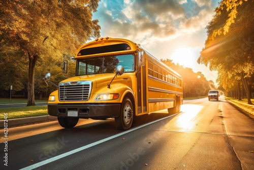 Yellow school bus driving kids to school. Generative AI