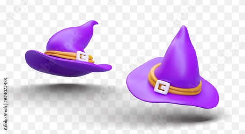 Isolated image of witch hat. Purple pointed vector hat. Symbol of magic and sorcery. Accessory for thematic party, Halloween holiday. Concept for costume shop