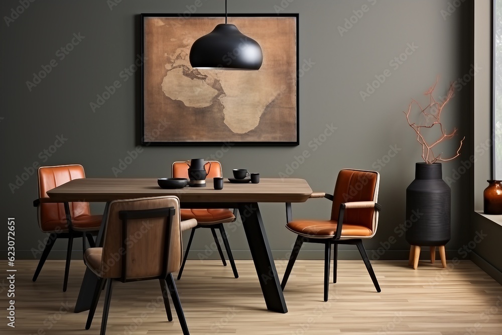 interior design, Modern composition of dining room interior with design wooden table, stylish chairs, decoration. created generative ai. interior design, Modern composition of dining room interior with design wooden table, stylish chairs, decoration. created generative ai.