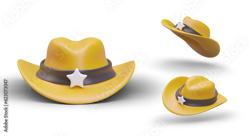 Set of 3D old western sheriff hat images. Vintage headgear of American police officer. View from side, top, bottom. Isolated vector image on white background. Concept for themed stores