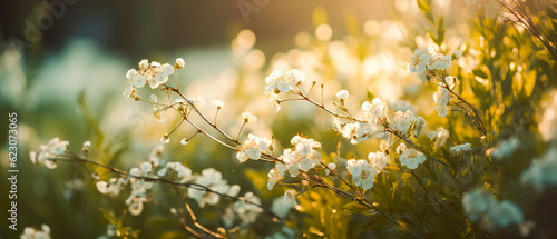 Beautiful little white blossoms of a bush in spring backlight with white glowing petals, a natural background and a lot of copy space for spring and summer feelings or natural products