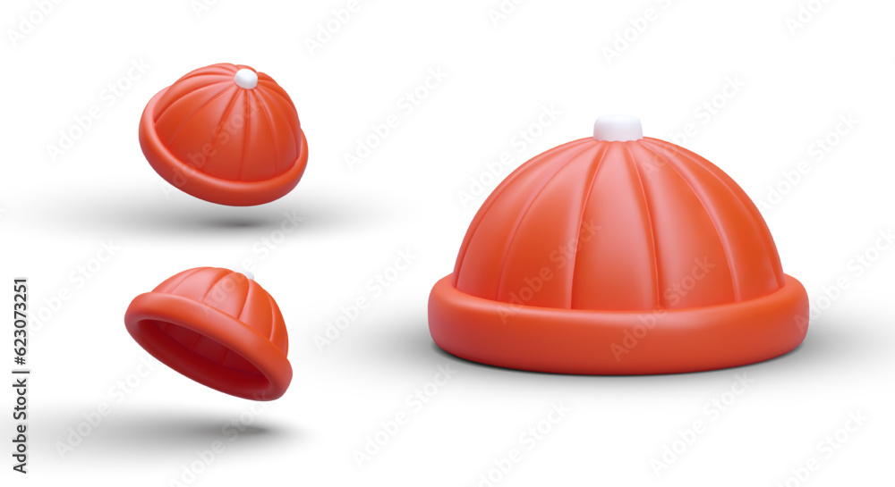 Realistic 3d hat set. Isolated red hat templates. Front and angle view of man or children caps collection. Vector clothing fashion in cartoon style with white background Realistic 3d hat set. Isolated red hat templates. Front and angle view of man or children caps collection. Vector clothing fashion in cartoon style with white background