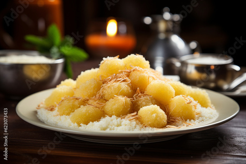 A plate of delectable cocada, a Brazilian sweet treat made with grated coconut and sugar, brazilian food, cuzcuz, couscous, cassava, farofa, brazil Generative AI photo