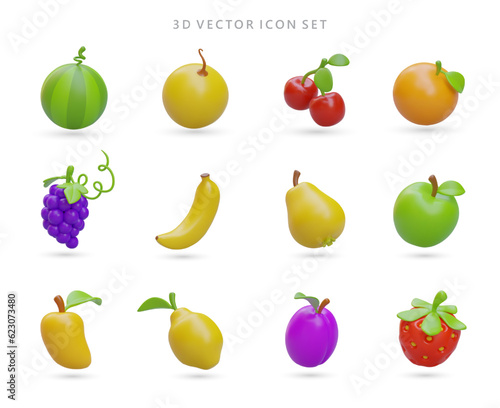Large set of 3D icons fruits and berries. Isolated vector image on white background. Game icons. Watermelon melon cherry orange grape banana pear apple mango lemon plum strawberry