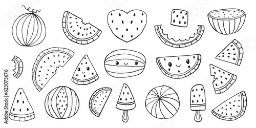 Vector watermelon doodle set, isolated collection on white background, outline fruit coloring page, juicy summer berry slices, tasty cute water melon icon bundle, organic natural vitamins, food snack