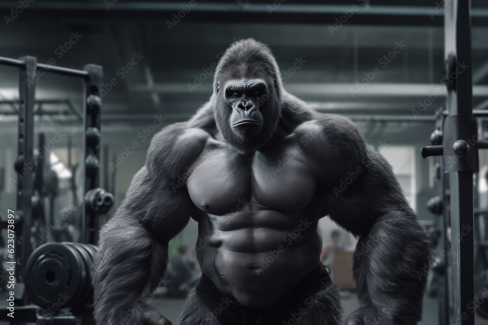 fit Gorilla standing at the gym, Gorilla flexing muscles at the gym, generative AI