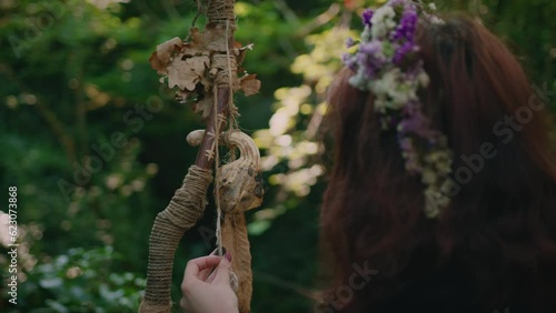 young druid girl contemplates her staff close up shot photo