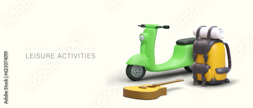 Leisure activities. Outing to nature. Realistic electric scooter, backpack, guitar. Fun weekend outside city. Entertainment for family, company, couple. Template on light background, place for text
