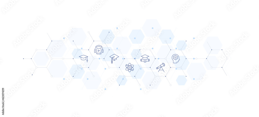 Education banner vector illustration. Style of icon between. Containing mortarboard, audiobook, atom, astronomy, mind.