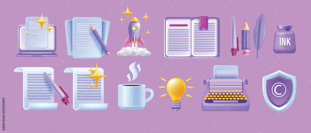 3D write author vector icon set, laptop article, creative story content sign, book paper document. Literature poetry concept, digital education translate grammar clipart, typewriter. Write icon kit