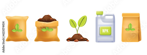 3D fertilizer bag vector icon set, flower soil, garden dirt illustration, ecological ground mineral. Organic hummus plant earth compost manure agriculture cultivation seedling. Farm fertilizer bag can