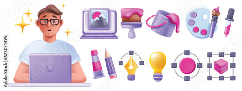 3D design icon set, vector freelancer male character with laptop, creative customise project bulb. Paint color bucket, portfolio pictures pictogram, digital software tools. UI design icon agency