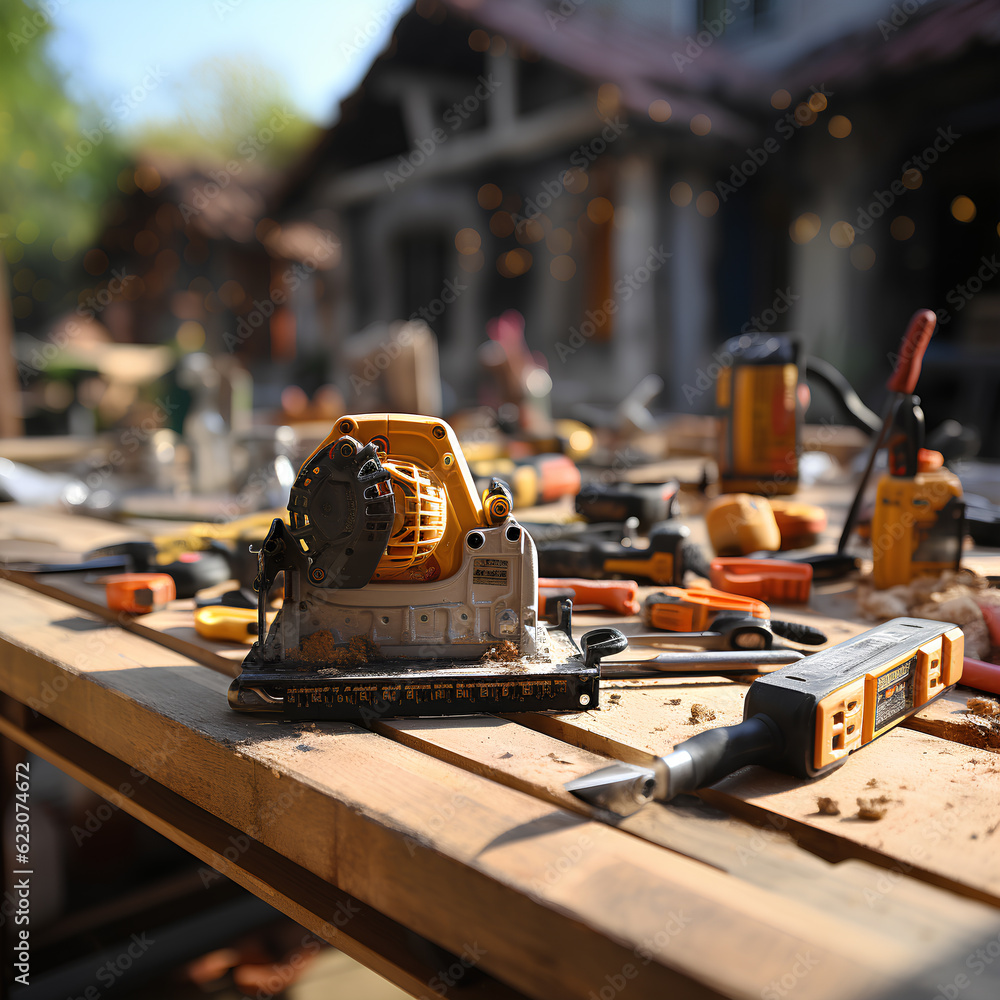 Happy labor day, hand tools on table, generated by AI Happy labor day, hand tools on table, generated by AI