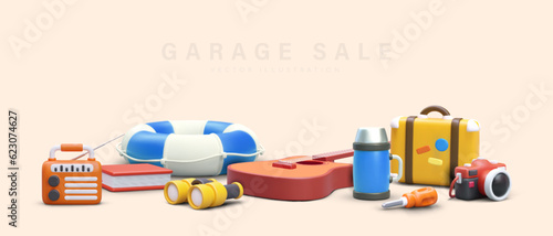Garage sale. Big vector poster in cartoon style. Unnecessary items for sale. Realistic illustration with text. Color template for announcement. Invitation to event