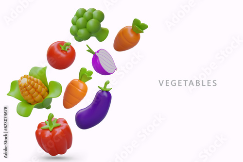 Fresh organic vegetables from farm. 3D broccoli, carrot, onion, tomato, corn, eggplant, bell pepper. Vegetarian menu cover template. Vector poster for market