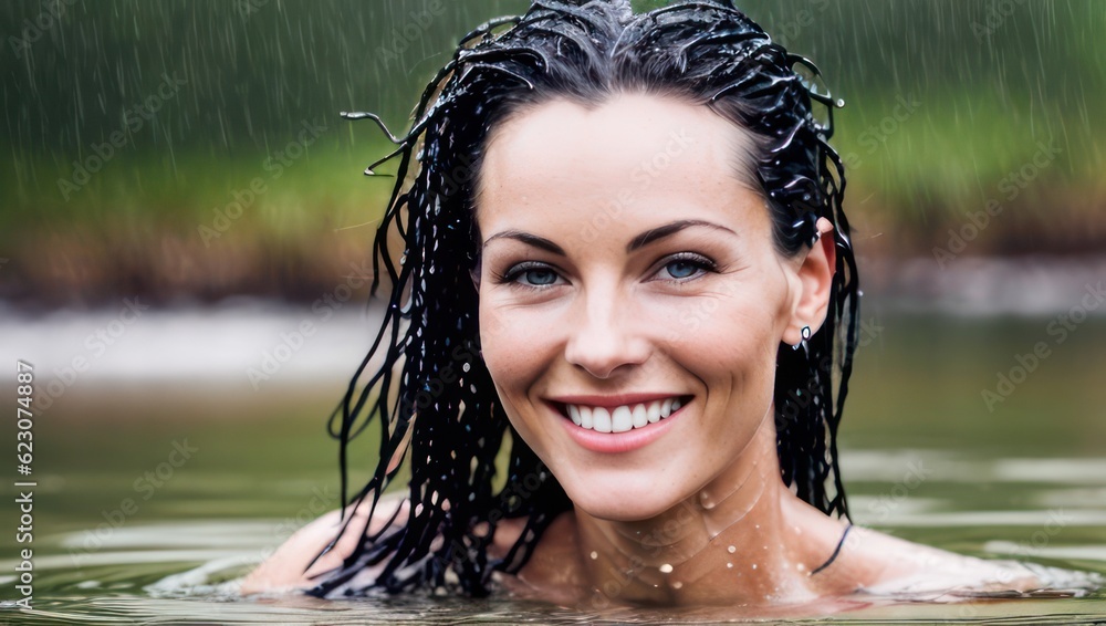 Portrait of beautiful erotic smiling wet woman in the water in the rain. Generative AI