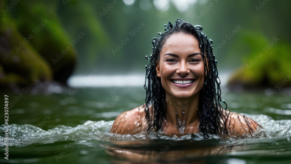 Fototapeta premium Portrait of beautiful erotic smiling wet woman in the water in the rain. Generative AI