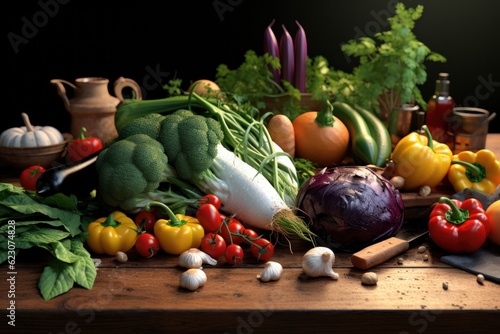 Variety of fresh farm vegetables on wooden table. AI generated