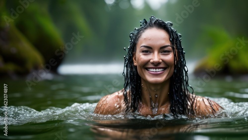 Portrait of beautiful erotic smiling wet woman in the water in the rain. Generative AI © Vitaliy