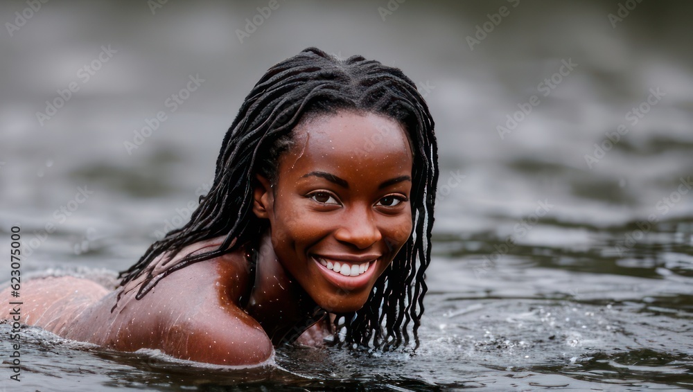 Portrait of beautiful erotic smiling wet black skin woman in the water in the rain. Generative AI