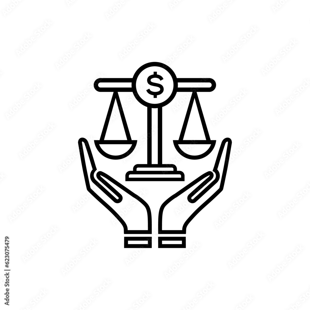 Lawyer service icon design.two hands and balance scale combination black and white Vector icon. Lawyer service icon design.two hands and balance scale combination black and white Vector icon.