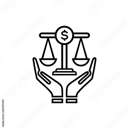 Lawyer service icon design.two hands and balance scale combination black and white Vector icon.