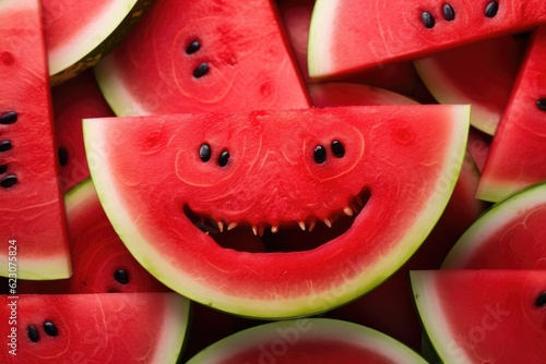 Happy red fresh watermelon with black seeds in, summer healthy food . Generative Ai.