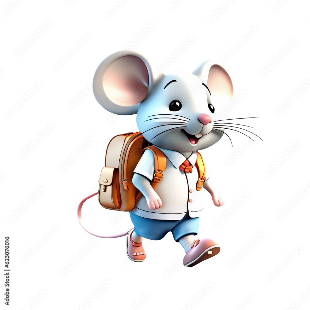 Mouse walking and carrying a schoolbag. AI-generated.