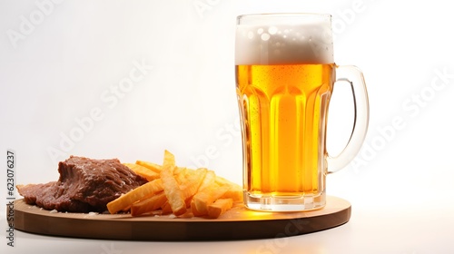 Beer glass with steak and french fries on white background