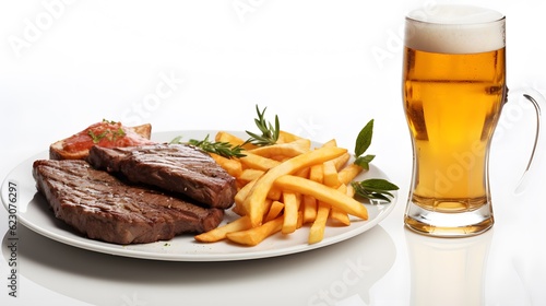 Beer glass with steak and french fries on white background