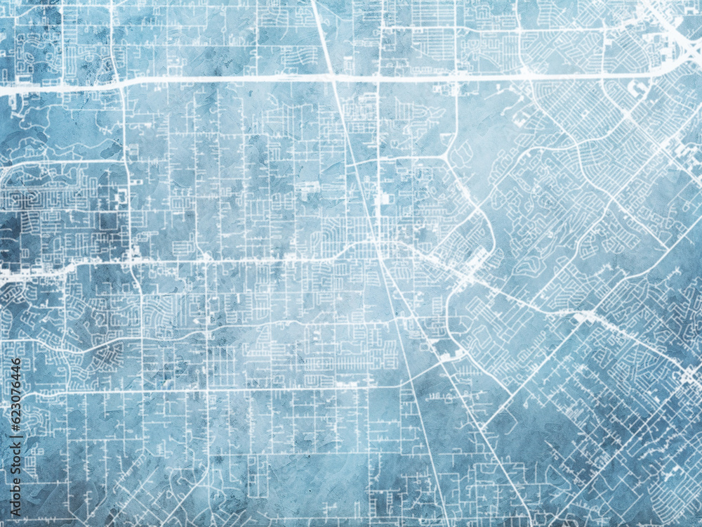 Illustration of a map of the city of  Pearland Texas in the United States of America with white roads on a icy blue frozen background.