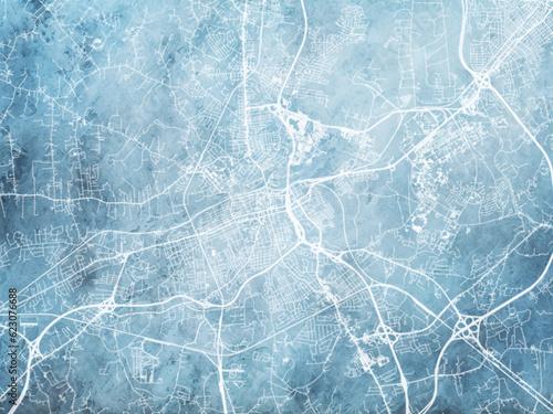 Illustration of a map of the city of Petersburg Virginia in the United States of America with white roads on a icy blue frozen background.