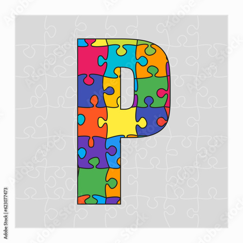 Colorful puzzle letter - P. Jigsaw creative font