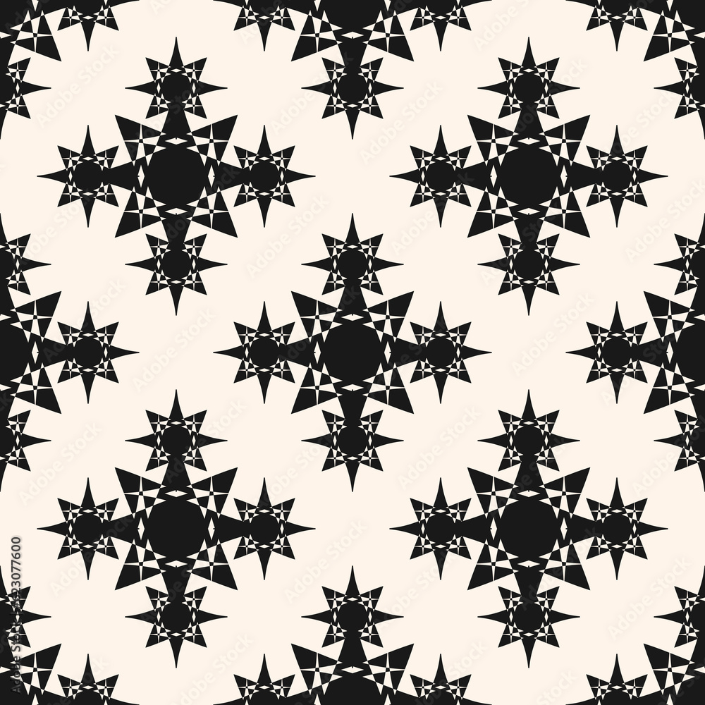 Vector seamless pattern with stars, ornamental shapes, crosses. Elegant abstract monochrome texture. Black & white geometric background, repeat tiles. Stylish festive design for decor, textile, prints