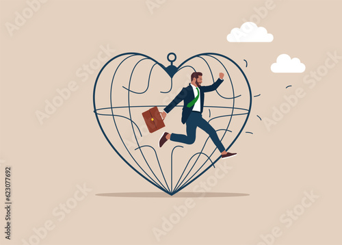 Businessman breaking out the cage big heart shape. Escape from the prison of family problem. Marriage difficulties problem, divorce or violence. Vector illustration.