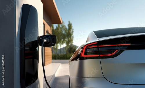 Generic electric vehicle EV hybrid car is being charged from a wallbox on a contemporary modern residential building house. technology of home charging for electric vehicles