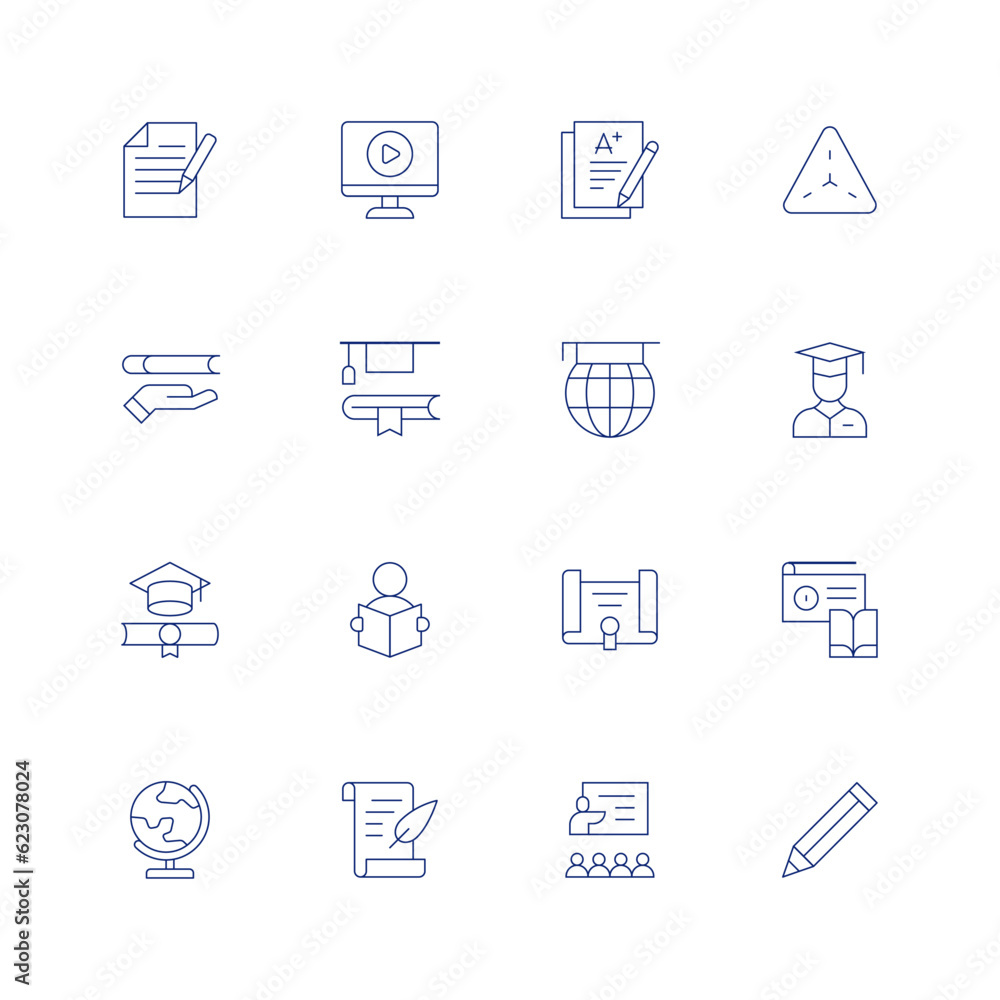 Education line icon set on transparent background with editable stroke. Containing file, video, exam, triangle, education, study, student, diploma, reading book, radio, globe, poetry, class, pencil.