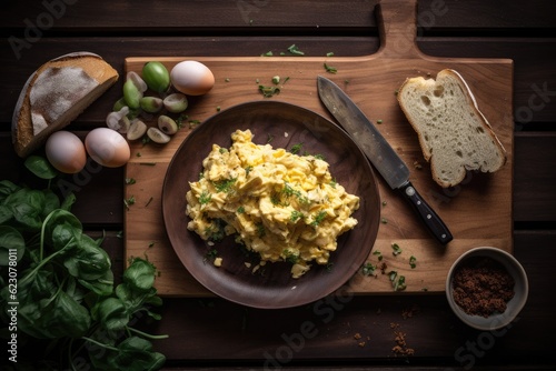 top down view of scrambled eggs  - food photography