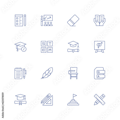 Education line icon set on transparent background with editable stroke. Containing exam, training, eraser, education, stem, sex education, diary, quill, desk, question, graduate, pencil and ruler.