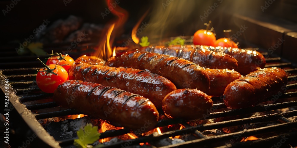 AI Generated. AI Generative. BBQ grill barbecuse steak beed pork sausages on fire preapring meat food. Party garden restaurant vibe. Graphic Art AI Generated. AI Generative. BBQ grill barbecuse steak beed pork sausages on fire preapring meat food. Party garden restaurant vibe. Graphic Art